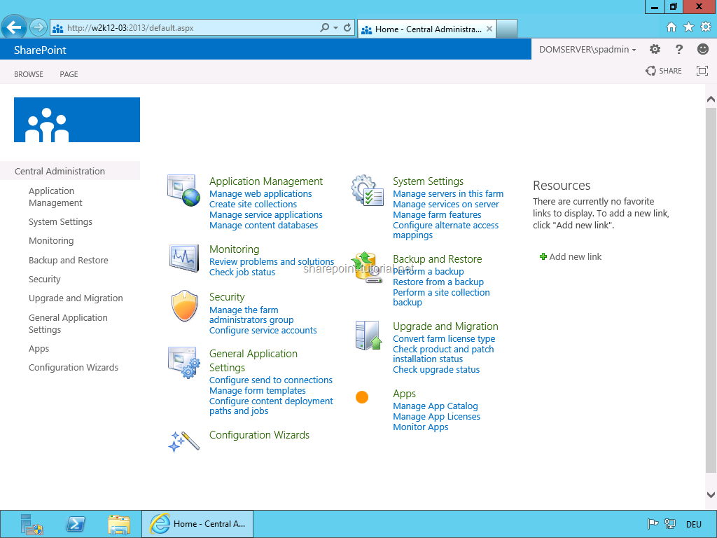 SharePoint 2013 Central Administration.