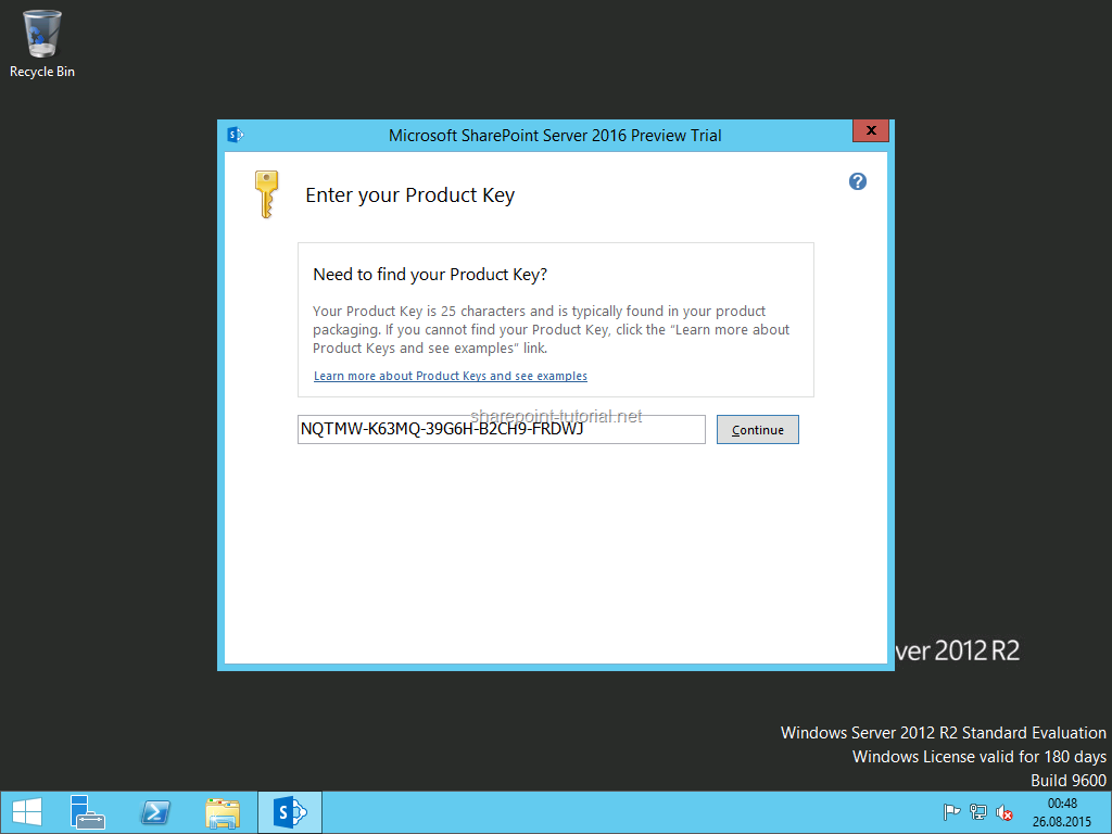 Enter the product key to start the SharePoint 2016 installation.