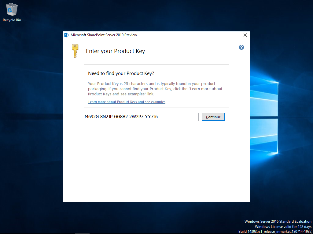 Enter the product key to start the SharePoint 2019 installation.
